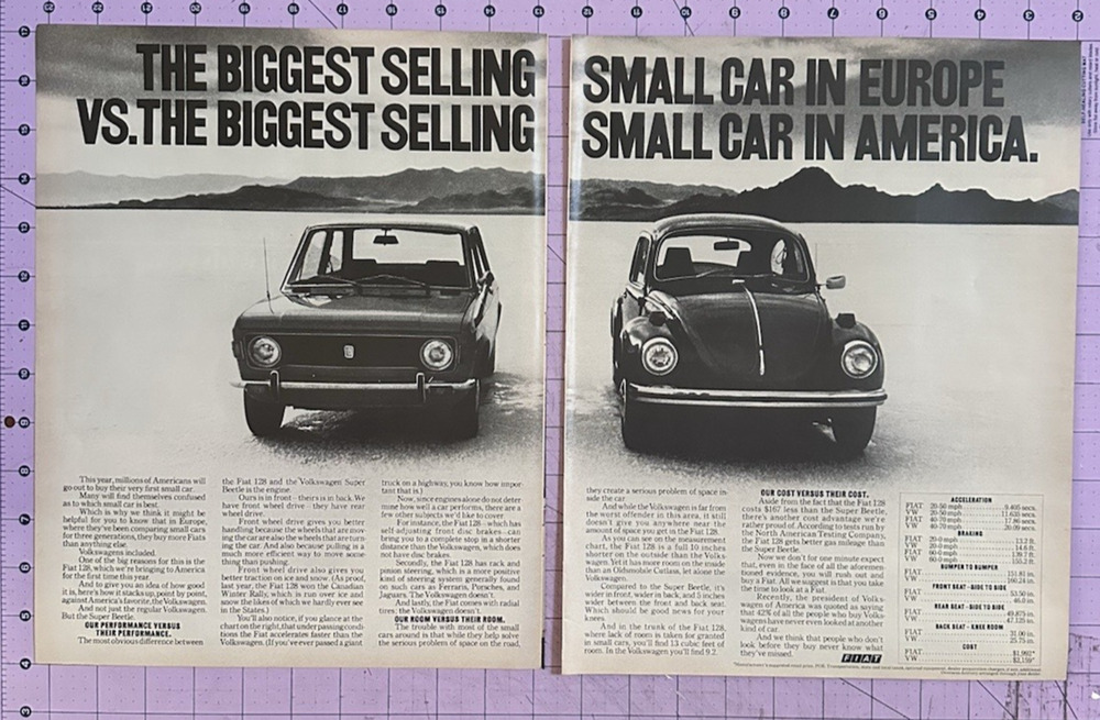 1972 Fiat 128 Volkswagen Super Beetle 2-Page Print Ad